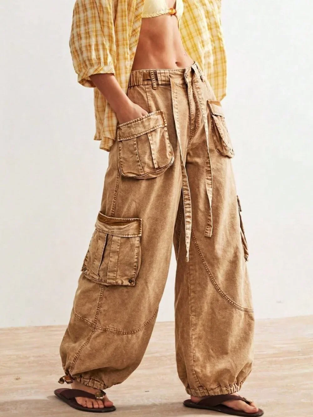 Brown Casual Women's Woven Loose Cuffed Low Waist Loose Long Pants - Picture 9 of 10
